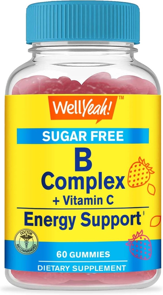 WellYeah Vitamin B Complex Sugar Free Gummies | with Vitamin C, Folic Acid | Immune and Energy Support | Strawberry Flavor | 60 Count
