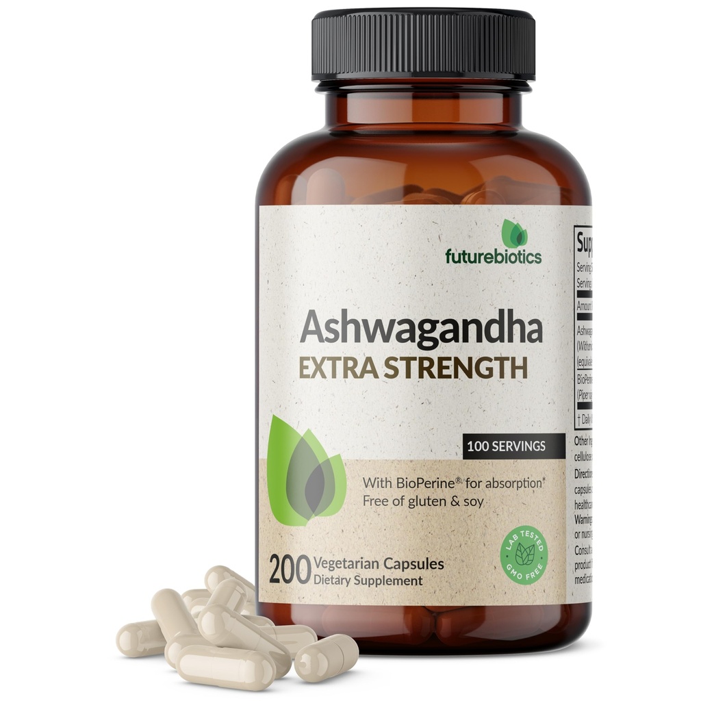 Futurebiotics Ashwagandha Extra Strength Stress & Mood Unterstützung mit BioPerine - Non GMO Formel, 200 vegetarische Kapseln