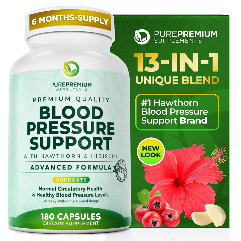 PurePremium Blutdruck-Ergänzungen mit Hawthorn Berry, Hibiscus, Knoblauch & Vitamin B12- Nitric Oxid-Ergänzung für normale Herzgesundheit, Zirkulation Gesundheit & Blutdruck-Unterstützung - 180ct