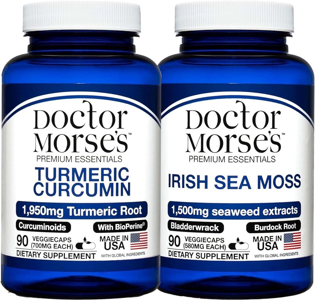 Doctor Morse's Turmeric Curcumin 1950mg & Irish Sea Moss 1500mg Bundle - Joint Support, Immune Boost und Gesamtgesundheit mit BioPerine und Blaserwrack FDA-Registered, NSF-zertifiziert 90 Kapseln