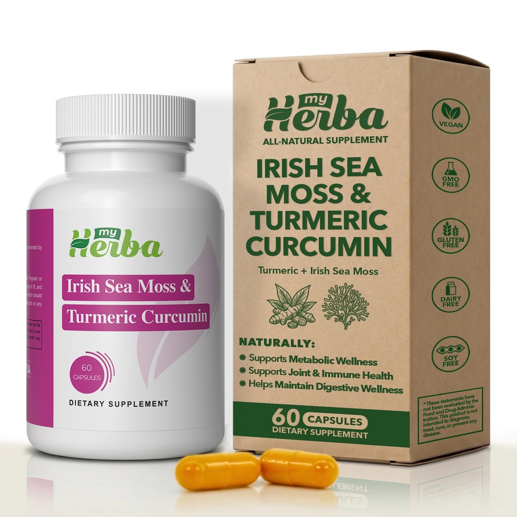 Sea Moss & Turmeric Curcumin Supplement - Vegan Formel mit Organic Irish Sea Moss & Standardized Turmeric Extract (95% Curcuminoids), Gemeinsame Unterstützung und Mobilität für Erwachsene, 60 Kapseln