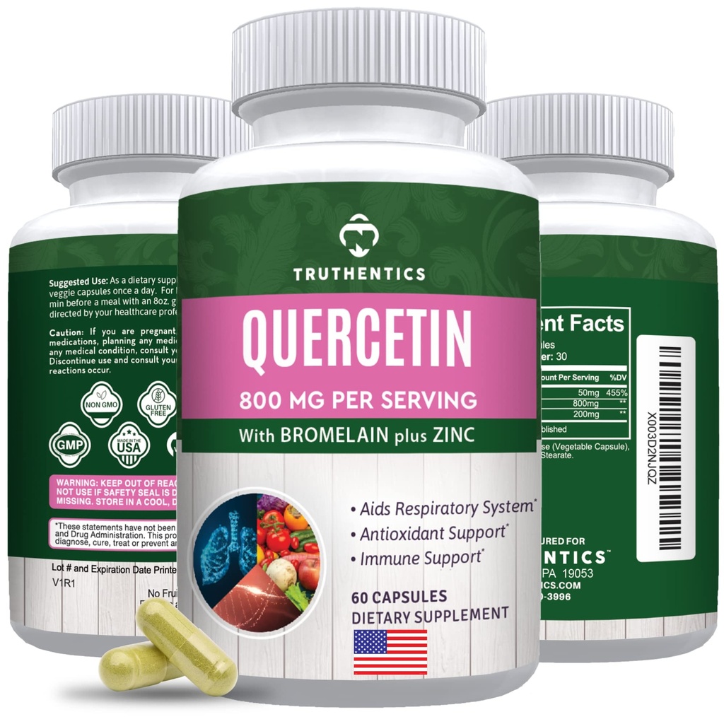 TRUTHENTICS Quercetin mit Bromelain und Zink 1050mg - Premium Zink Quercetin Ergänzungen für Immun-, Respiratory & Seasonal Support - Non-GMO, Glutenfrei - 60 Veggie Kapseln