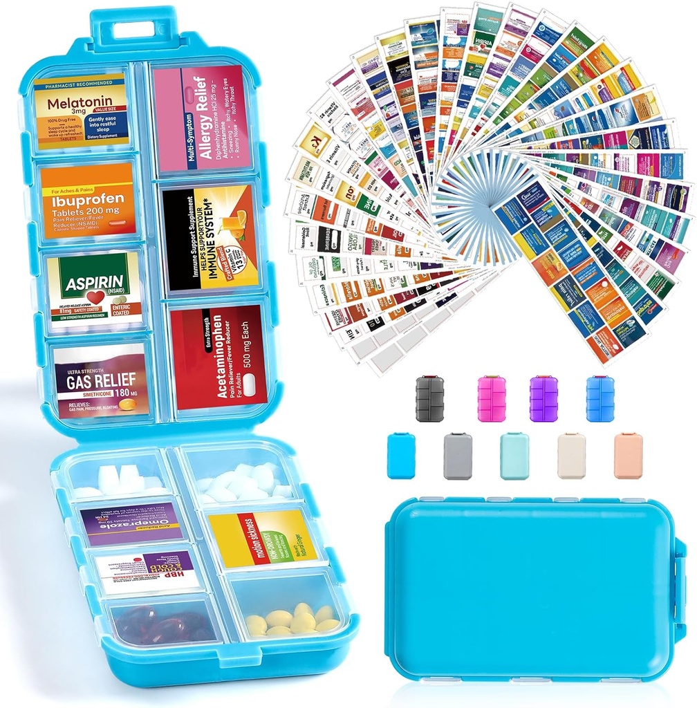 14 Grids Travel Pill Organizer Box mit 415-Pcs Medizin Name Etiketten - Pocket Daily Pharmacy Case Container Kit - Travel Medication Holder Dispenser für Fish Oil Vitamin Supplement Storage - Blau