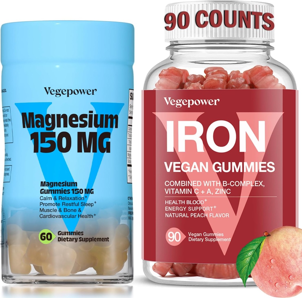 Eisen-Ergänzung mit Magensium-Gummien, Vegan-Eisen-Gummien mit Vitamin C, A, B-Komplex, Folat, Zink für Erwachsene & Kinder, für Eisenmangel, Anämie, Relaxation Sleep, Non-GMO