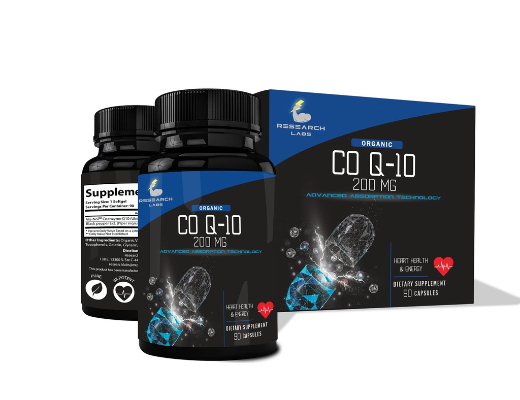 Forschungslabors Advanced Absorption 200mg CoQ10 mit schwarzem Pfefferextrakt. 90 Softgels. Bio, Glutenfrei, Herzgesundheitsunterstützung, Energieproduktion, Antioxidansergänzung