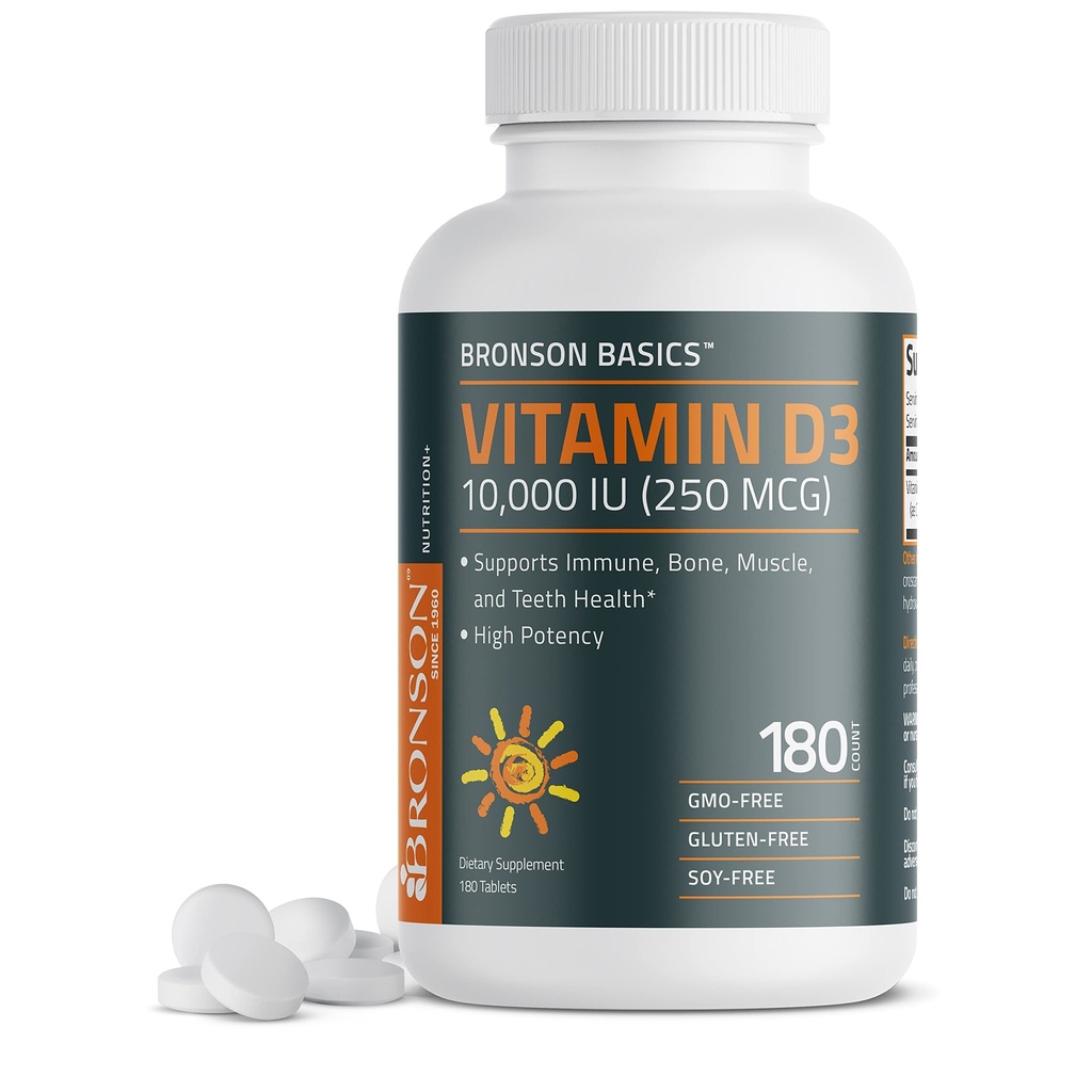 Bronson Vitamin D3 10.000 IU (250 MCG) für gesunde Muskelfunktion und Immununterstützung, Non-GMO, 180 Tabletten