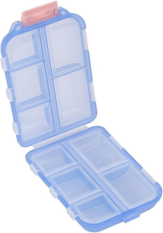 Pill Case - Portable Tablet Container Box with 10 Compartiments - Capsule de médecine Vitamine pliable Organisateur Distributeur de stockage pour Voyage Voyage Poche Purse - Bleu clair