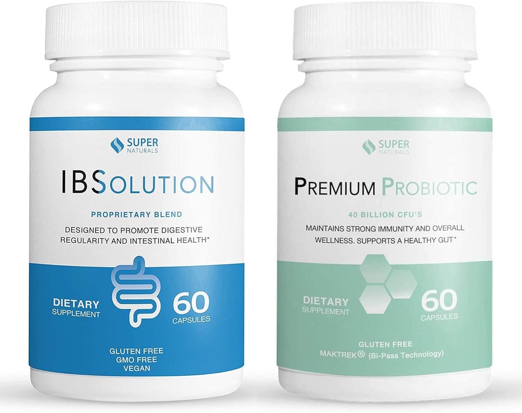 IBSolution Gut Health Bundle - All Natural Gut Health Support & Premium Probiotics w/ 40 Billion CFU zur Unterstützung von unregelmäßigen Bowels, Bloating, Constipation, Gas, Bauchschmerzen - 2 Pack (120 Caps)