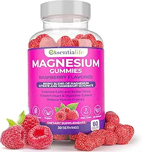 Magnésium Gommies 2 Packs Essentialife 100mg par portion - Mélange de Citrate de magnésium et de Glycinat de magnésium - Soutient une digestion saine - Restez calme et énergique avec des suppléments de magnésium pour le sommeil