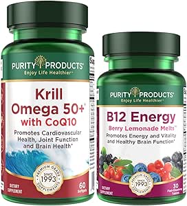 Prodotti di purezza Bundle - Krill Omega 50+ con CoQ10 + B-12 Energy Melt - Krill Omega 50+ con CoQ10 (olio di oliva, olio di pesce, CoQ10, vitamina D) B-12 Berry Melt (Methylcobalamin B12 + B6 + D3 + di più)