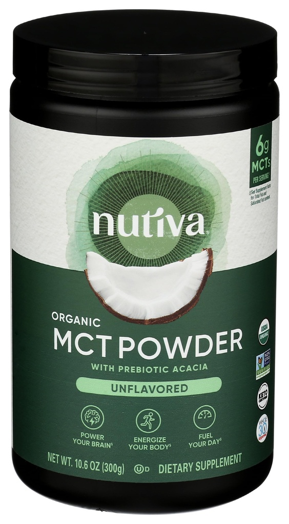 Nutiva Organic MCT Poudre avec fibre d'acacia prébiotique, classique, 10.6 Oz, USDA biologique, non-OGM, non-BPA, végétalien, sans gluten, kéto et paléo, boisson instantanée ou booster le café et les smoothies
