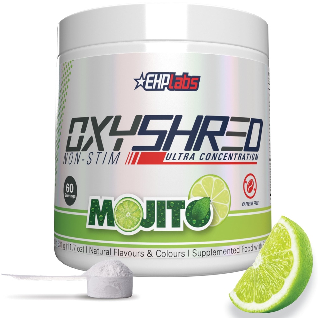 EHP Labs OxyShred Non Stimulant Pre Workout Powder - Stim Free Pre Workout, Koffein Free Preworkout für Männer und Frauen - Non Stim Preworkout - Sugar Free Energy Powder - Mojito, 60 Servierungen