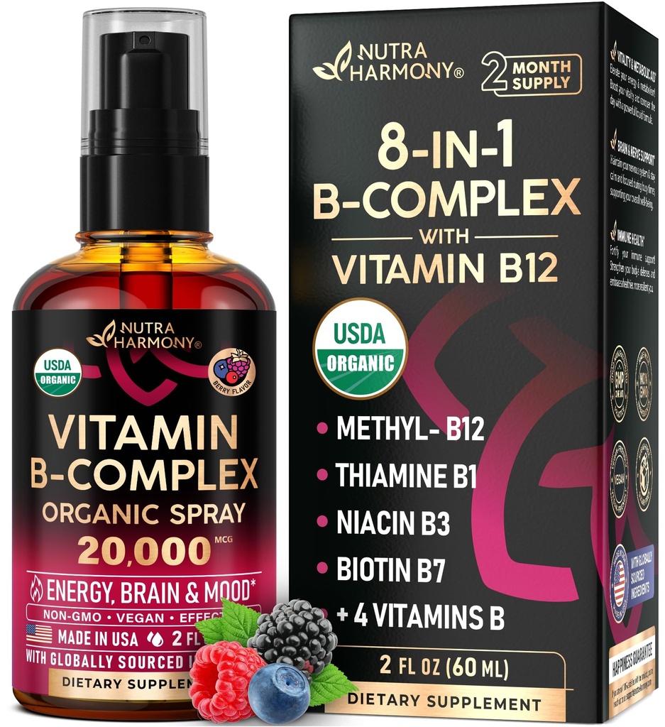USDA Organisches Vitamin B-Komplexes flüssiges Spray 8-in-1 - B5 Pantothensäure | B12 Methylcobalamin | B1 Thiamin | B6 Pyridoxin | B7 Biotin | B9 Folic | B3 Niacinamid - Made in USA Supplement, 2fl oz