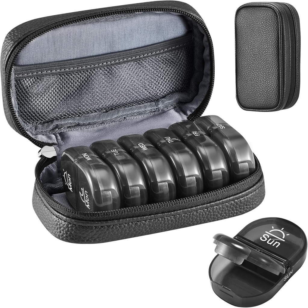 Serfeymi Organizzatore di viaggio settimanale 2 volte al giorno AM ha aggiornato la scatola di pillole nere 7 giorni con la custodia portatile della pillola dell'unità di elaborazione della cerniera, organizzatore di medicina per pillole, vitamine, oli di pesce - nero 01