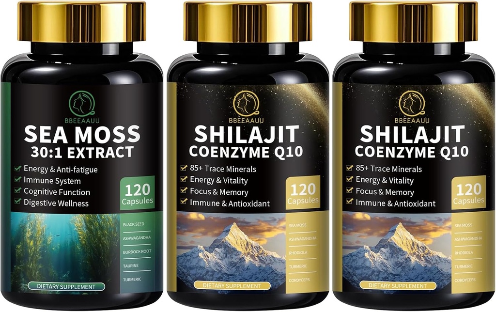 Sea Moss e Shilajit Capsule per Uomo e Donne, Tutti in 1 Integratori con Shilajit, Sea Moss, Coenzyme Q10, Black Seed, Ashwagandha, Burdock per l'Energia, Antiossidante & Supporto immunitario
