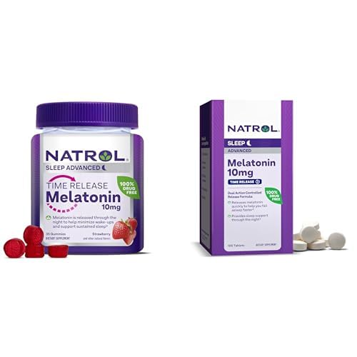 Bundle of Natrol Time Release Melatonin 10 mg 100 compresse, integratore alimentare per il sonno riposante, & Natrol Time Release Melatoning 3mg Gummies, 35 Gummie Melatonina aromatizzata, 35 giorni di alimentazione