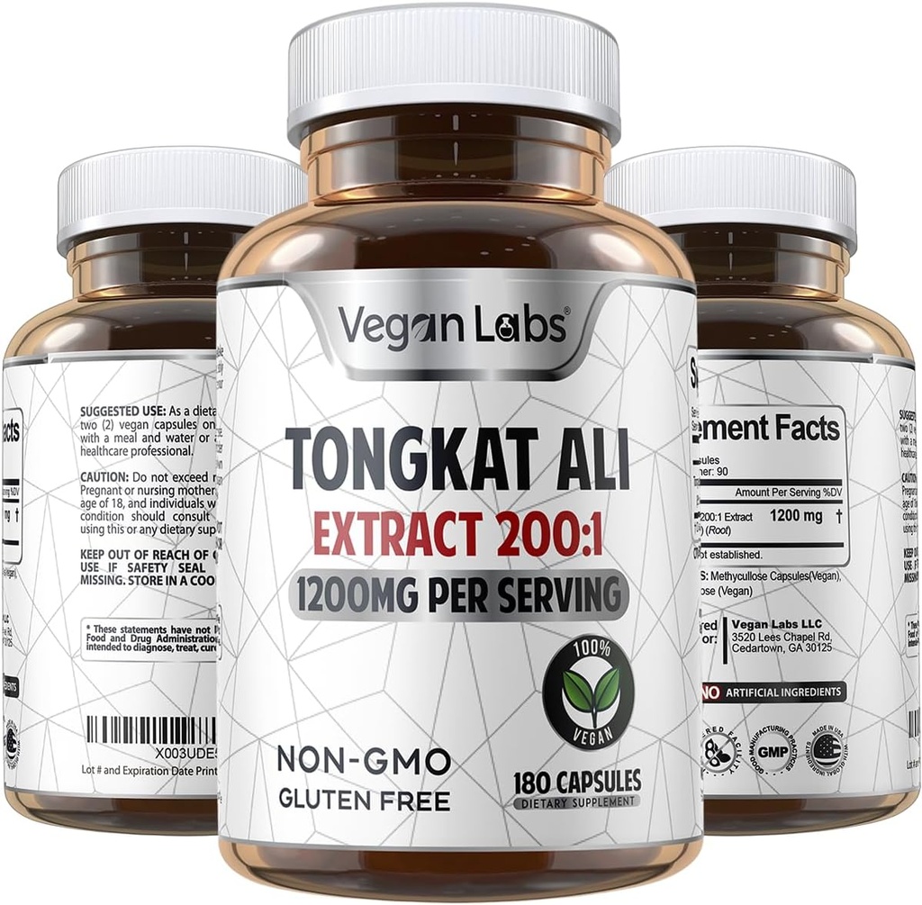 Vegan Labs Tongkat Ali 200:1 Extract, 1200MG Per Servings- 180 Vegan Kapseln- Unterstützt Energie und Stamina- Gluten Free, Non-GMO Premium-Qualitätsergänzung
