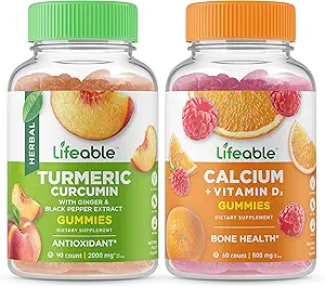 Curcumina ergica vitale + Calcio con vitamina D, Gummies Bundle - Grande degustazione, Supplemento di vitamina, Senza glutine, OGM libero, pancia masticabile