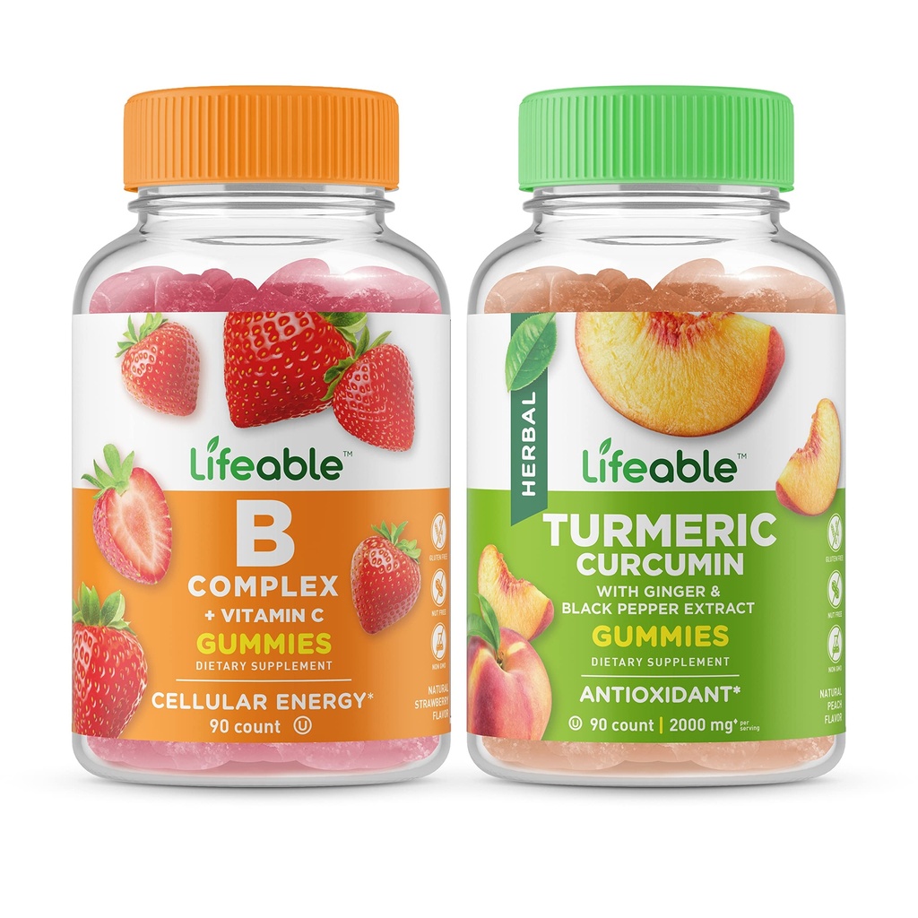 Lebensfähiger B-Komplex + Kurkuma, Gummie Bundle - Große Verkostung, Vitamin-Ergänzung, Glutenfrei, GMO frei, Kaubar