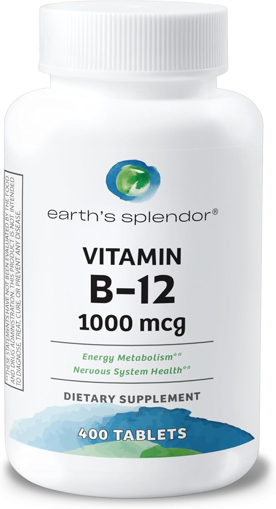 Erden Splendor-Energie-Ergänzungen, mit Vitamin B12, keine künstliche Farbe oder Geschmack, Glutenfrei, Energie Stoffwechselunterstützung (1000mcg, 400 Tabletten)