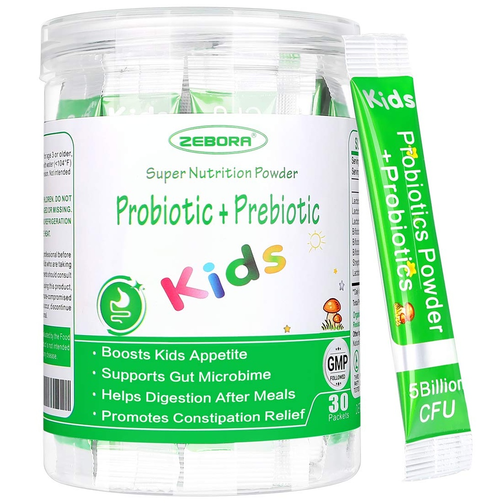 ZEBORA Kids Probiotics & Prebiotics Powder Age 3+ Supporta il sistema digestivo e immunitario dei bambini con origine naturale, promuove il sollievo dalla costipazione, non OGM, senza glutine, 30 pacchetti con 5 miliardi di CFU