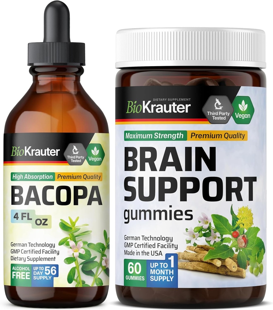BIO KRAUTER Bacopa Tinktur 4 Fl. Oz. & Brain Support 60 Gummis