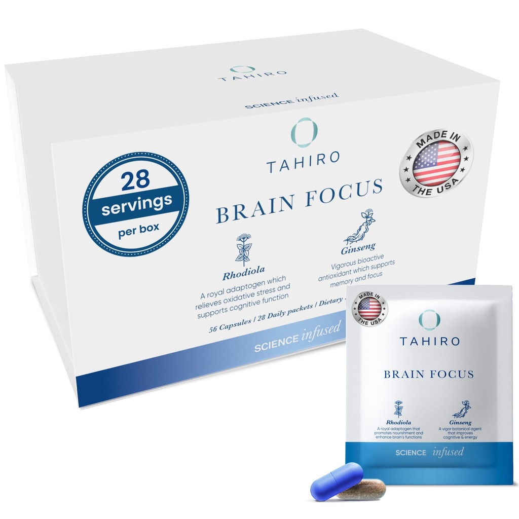TAHIRO Brain Focus Supplement – Brain Ergänzungen für Gedächtnis und Fokus – Natürliche Brain Support Supplement mit Gingko Biloba, Panax Ginseng, Kräuterextrakte – Non-GMO Vegan Brain Booster – 28-Packets