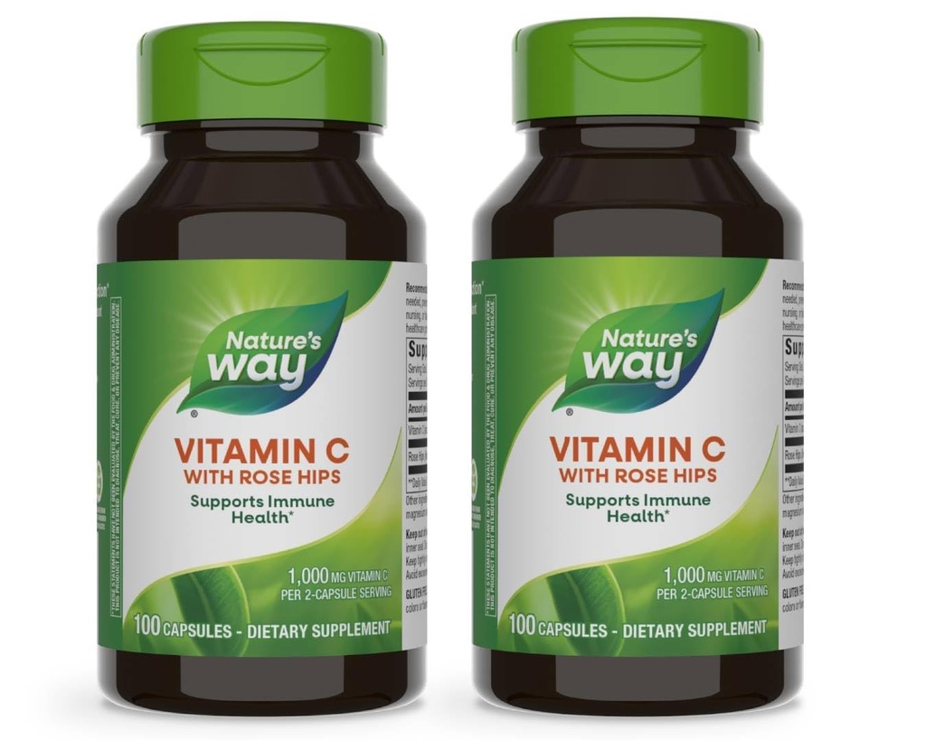 Nature's Way Vitamine C with Rose HIPS, Powerful Antioxydant & Imune Function Support from Vitamine C*,Promote Collagen for Healthy Skin*, 100 Capsules (Packaging May Vary) - 2 Pack