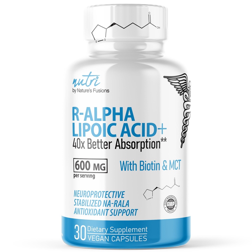 Nutri R Alpha Liponsäure 600mg Kapseln - R Lipsäure mit Biotin stabilisiert - Aktive Form von R-ALA - 600 mg klinische Dosierung - Leistungsstarke Cellular Energy Support - 30 Vegan Kapseln - RALA