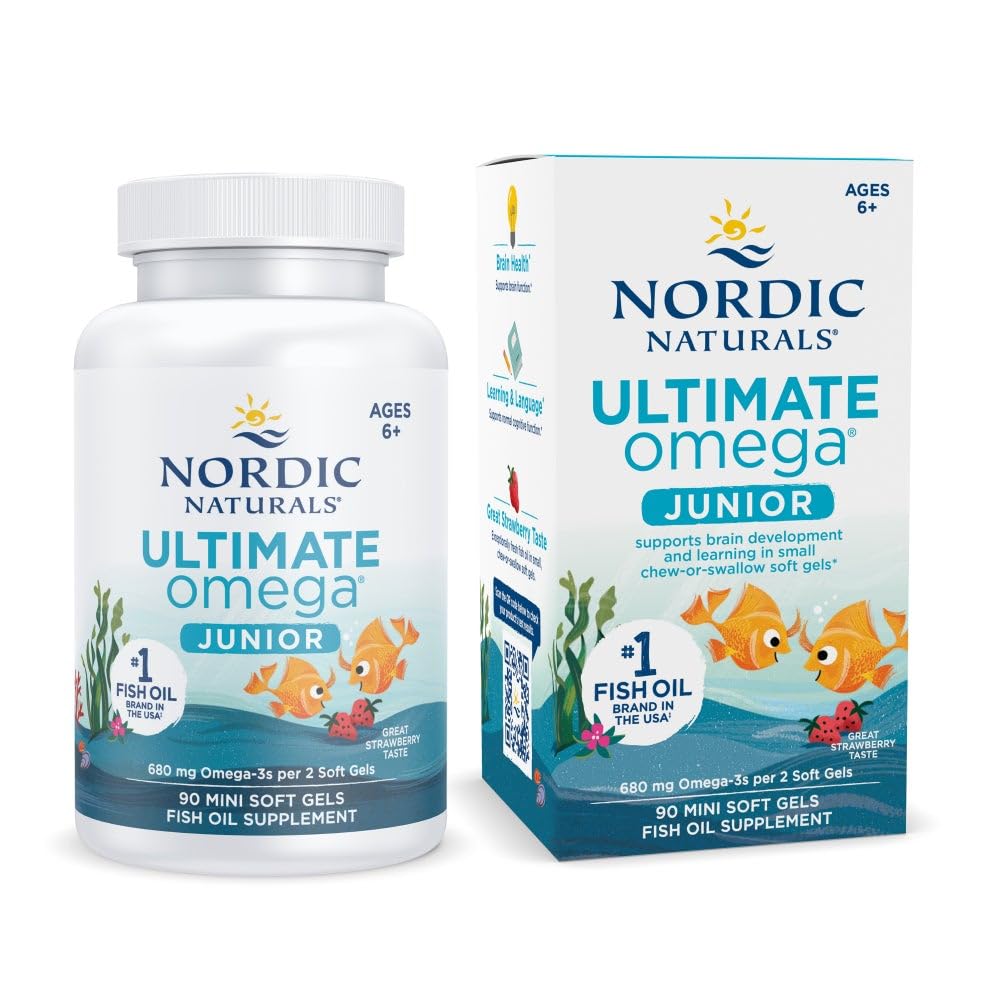 Nordic Naturals Ultimate Omega Jr., Erdbeere - 90 Mini Soft Gels - 680 Total Omega-3s mit EPA & DHA - Gehirngesundheit, Stimmung, Lernen - Non-GMO - 45 Servietten