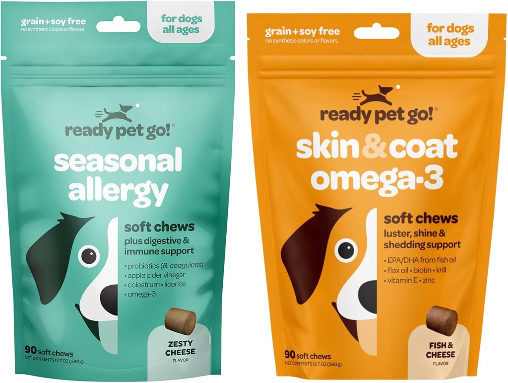 Omega 3 & Allergy Chews für Hunde | Probiotics & Allergy Immun Ergänzungen für Itch & Allergy Relief | Fish Oil for Dog Shedding, Skin Allergy, Itch Relief | 90 Chews Jede
