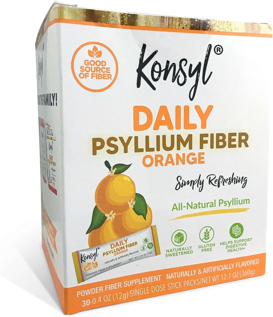 Konsyl Daily Fiber Orange 100% natürliches Psyllium Husk Pulver - Natürlich gesüßt - Glutenfrei - 30 individuelle Stickpacks
