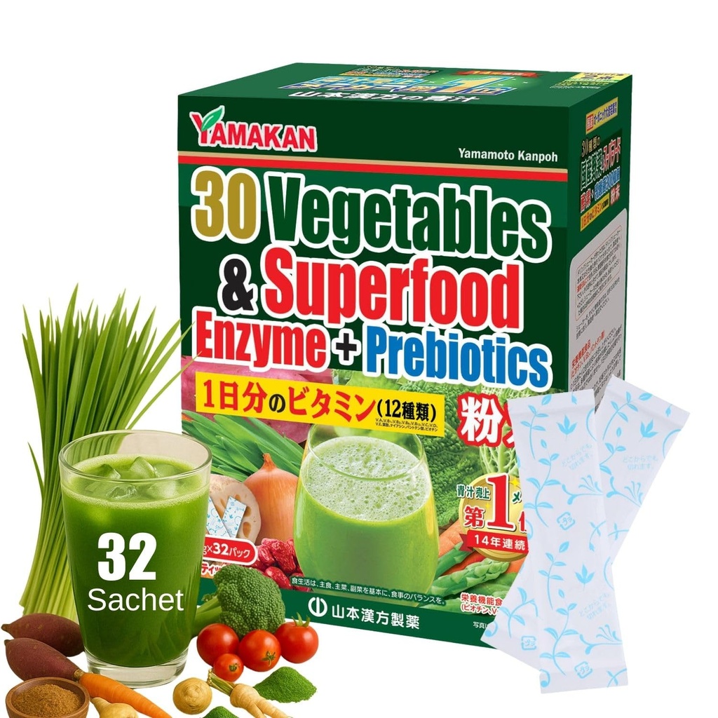 Yamamoto Kanpoh YAMAKAN Natürliche Verdauungsenzyme mit präbiotischem Pulver, 12 gemischte Vitamine & Super Greens Powder Blend, Gerste Grass Juice Superfood für Gut Health aus Japan, 32 Packungen