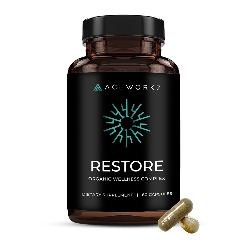 Restore - Organic Sea Moss Complex with BioPerine® for Enhanced Asorption - 12.000mg per Serving - Ashwagandha, Black Seed Oil, Turmeric, Shilajit - Detox, Immune, Energy & Mood Support (60 capsule)