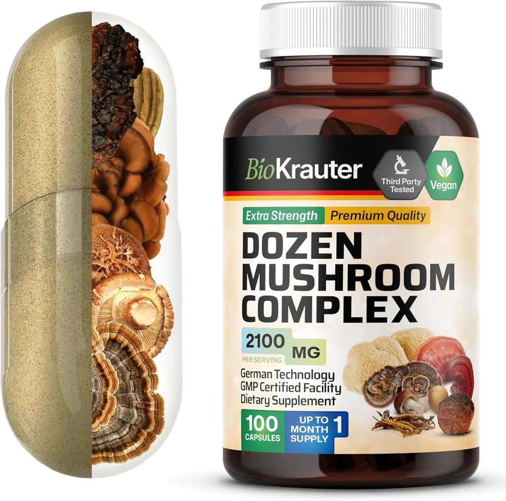 BIO KRAUTER Dozen Mushroom Complex Capsules 2100 mg Mélange - 100 capsules véganes - 12 extraits dans un supplément de champignons pour le soutien immunitaire - Lions Mane, Reishi, Cordyceps