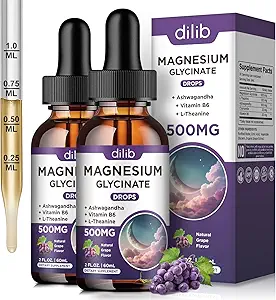(2 Pack) Glycinat de magnésium gouttes liquides 500mg, avec la vitamine B6, Ashwagandha, L - Theanine, Camomille, supplément de Glycinat de magnésium haute absorption pour le sommeil, le stress, l'humeur énergétique - arômes de raisin
