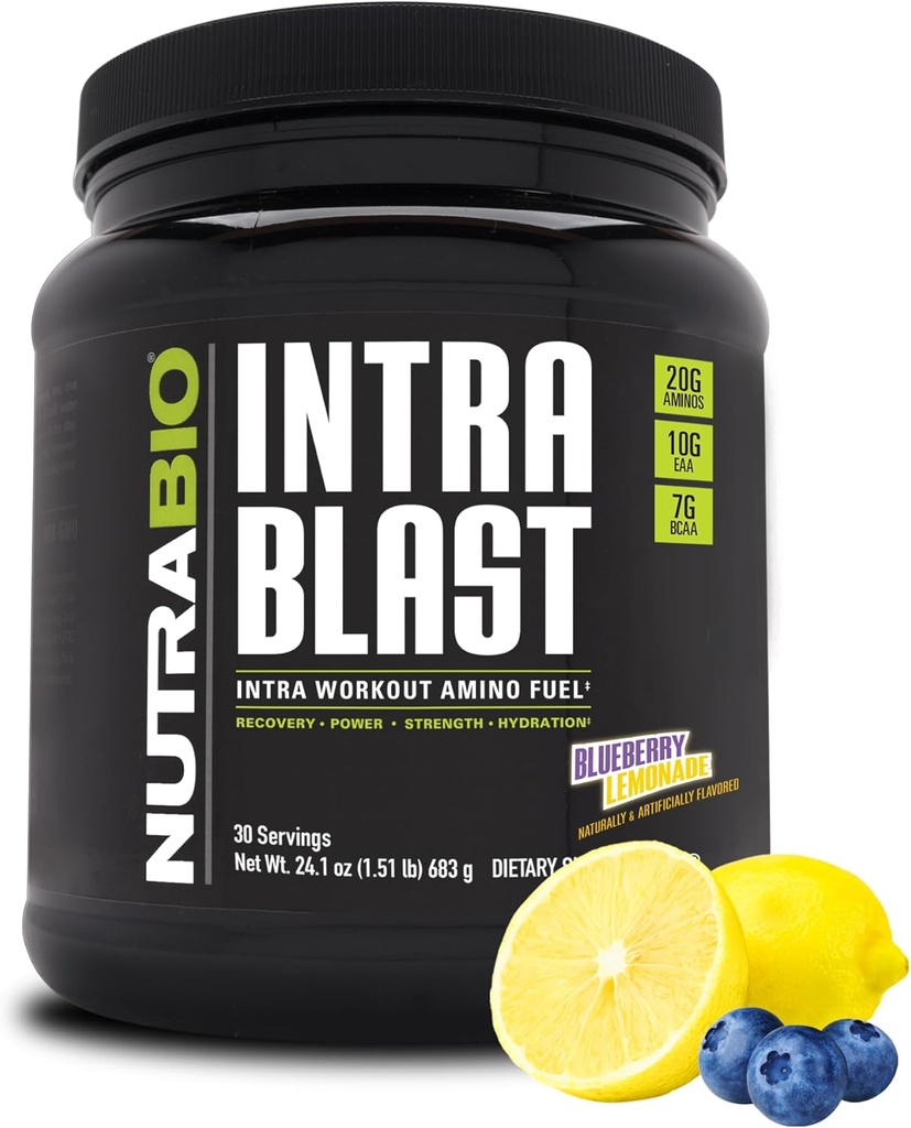 NutraBio Intra Blast Bcaa poudre amino supplément, électrolyte et mélange d'hydratation, intra, préentraînement et récupération musculaire, 20g Eaa Amino acides poudre, 5g Glutamine- Blueberry citronade, 30 portions