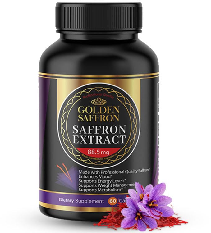 Golden Saffron Extrakt Kapseln - Premium Saffron Ergänzungen - 88.50 mg Pure Saffron Pillen - Stimmungsunterstützung - Augenunterstützung - Emotionale Balance, Fokus & Augengesundheit Made in USA - 60 Kapseln
