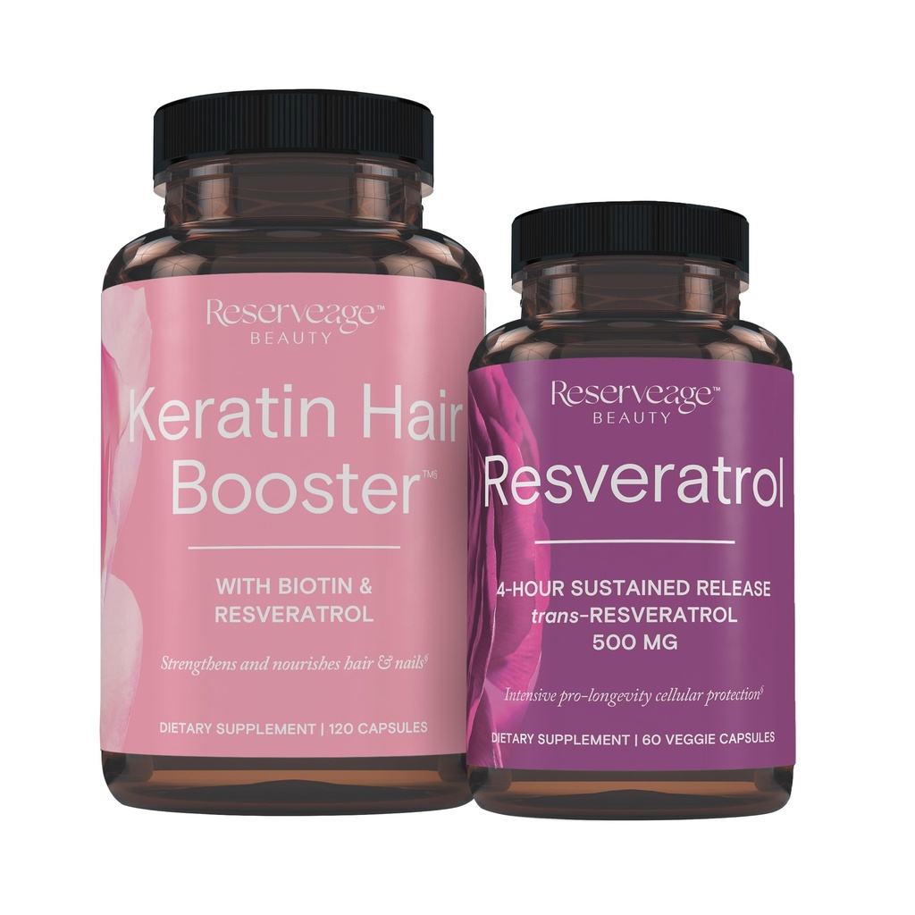 Reserve Ernährung Keratin Haar Booster mit Biotin & Resveratrol, Haar- und Nagelwachstumsergänzung, 120 Kapseln (60 Portionen) & Resveratrol 500 mg, Unterstützt gesundes Altern und Immunsystem
