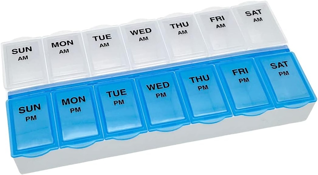 Soins de base (7 jours) Organisateur de pilules AM/PM, boîte à vitamines et à médicaments, grands compartiments, 2 fois par jour, lys bleus et clairs