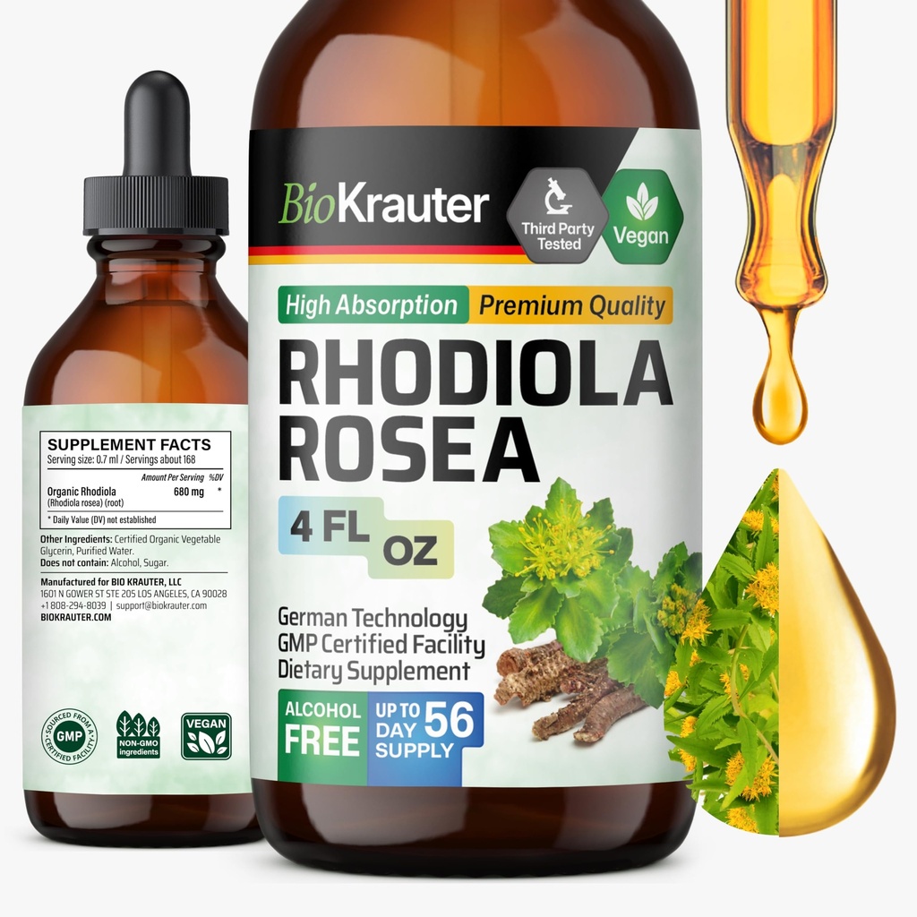 BIO KRAUTER Supplément Rhodiola liquide - Teinture pure Rhodiola Rosea pour le soutien de la tranquillité - Extrait sans alcool et sans sucre - 4 Fl.Oz.