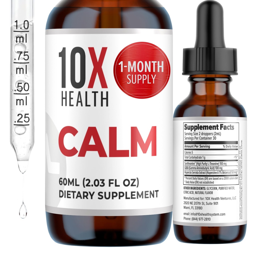 10X Health Calm L Theanine Supplement Liquid Drops - 100mg L'Theanine Drops & 100mg GABA Ergänzungen zu Nerves, Calm & Stress - Natural Flavor 2.03 Fl oz.