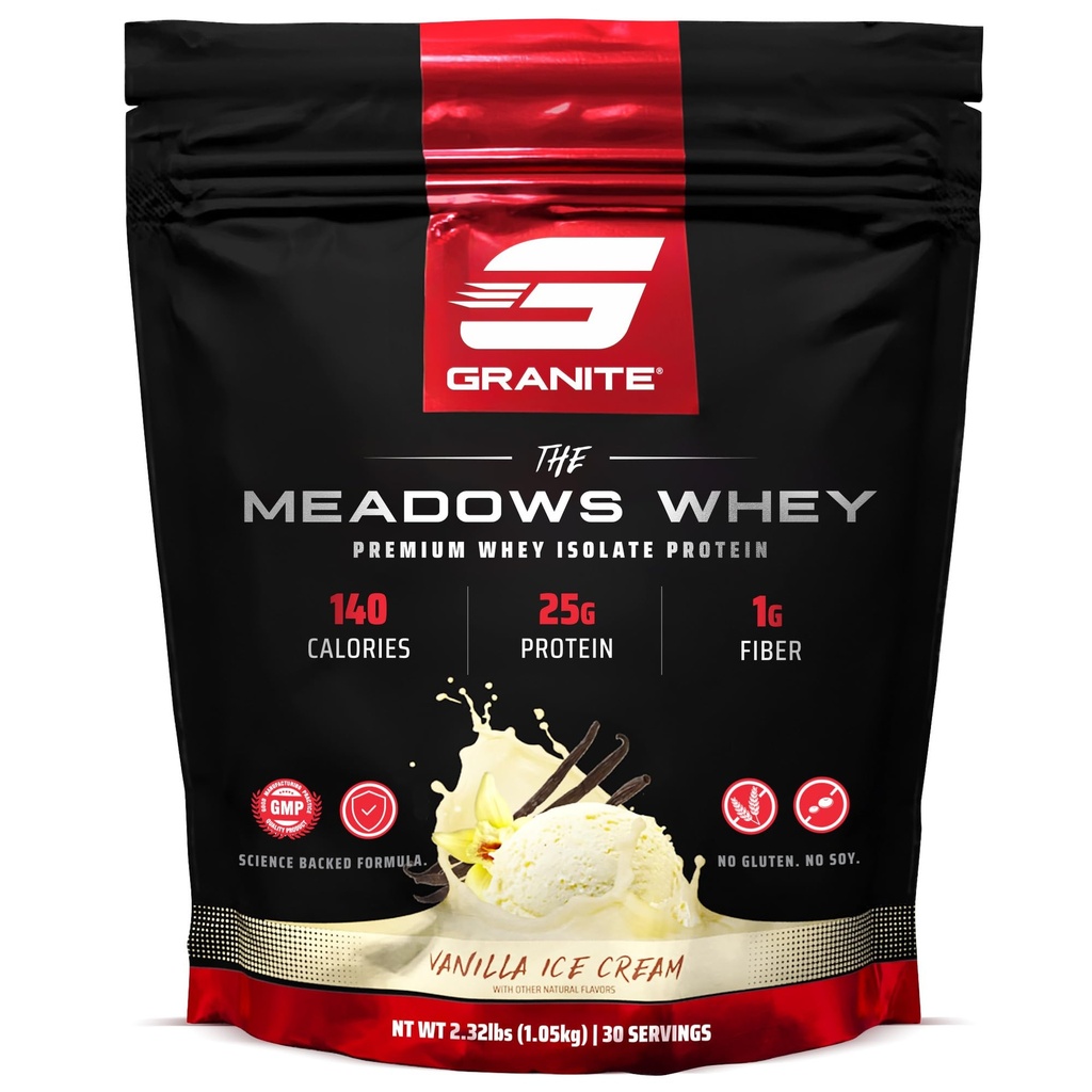 Suppléments de granite La poudre de protéines de lactosérum Isolée pour le muscle maigre avec 150 calories, 2g de fibre, 1g de sucre (30 portions), crème glacée de vanille