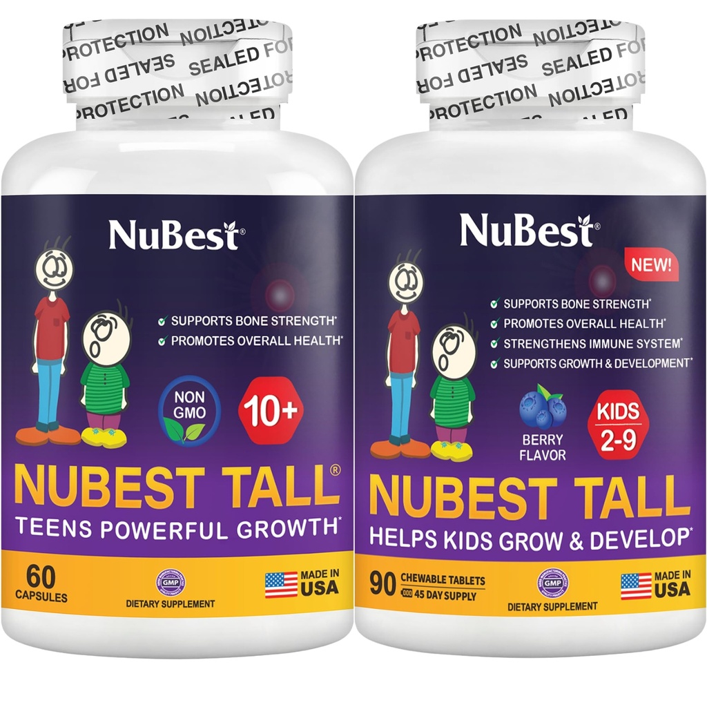 NuBest Bundle Tall 10+ 60 Kapseln Kleinkinder 90 Kautabletten | Höhe Wachstumsunterstützung für Kinder & Jugendliche | Kalzium, Vitamine D3 K2, Collagen & Kräutermischung