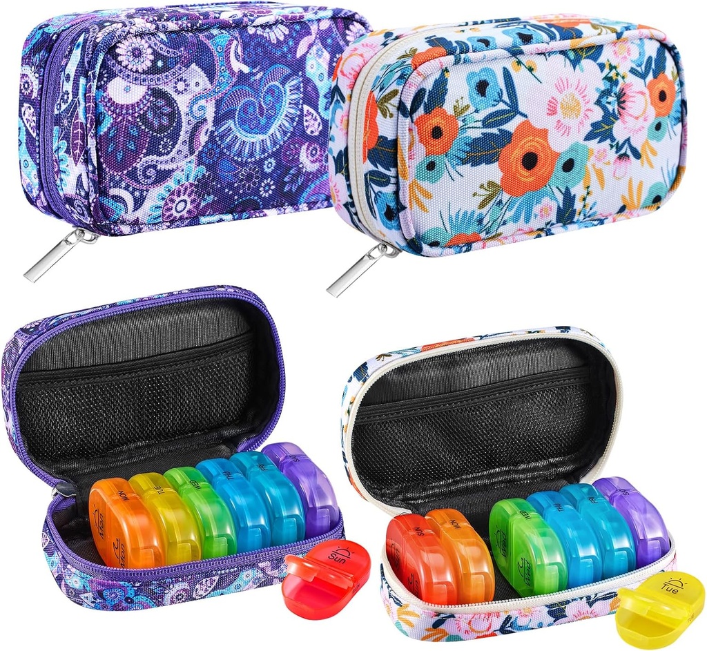 Serfeymi Organizzatore di viaggio settimanale 2 volte al giorno AM PM Rainbow Pill Box 7 giorno con Zipper Canvas Pill Case, organizzatore di medicina per pillole, vitamine, oli di pesce - viola 01+ Bloom 01