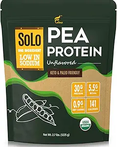 Solo Organic Pea Protein Powder, Basso in Sodio, Canada Peas coltivati, 100% Vegan, Non OGM, Polvere vegetale non aromatizzata a base di proteine con BCAA (2.7 lbs)
