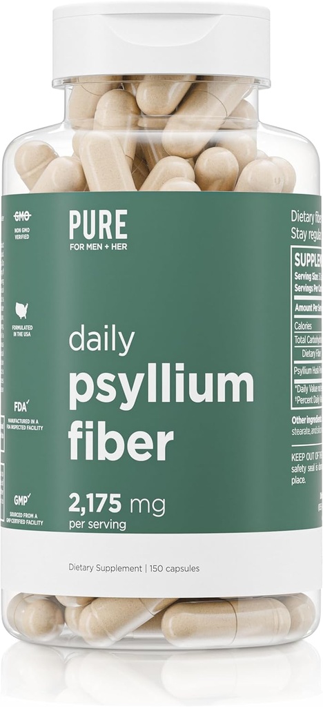 Tägliche Psyllium Husk Fiber Supplement von Pure für Herren & Rein für Ihre | Verdauungs-Regalität & Gut Gesundheit Unterstützung | lösliches Faserpulver, 2,175mg pro Servieren | 150 Kapseln