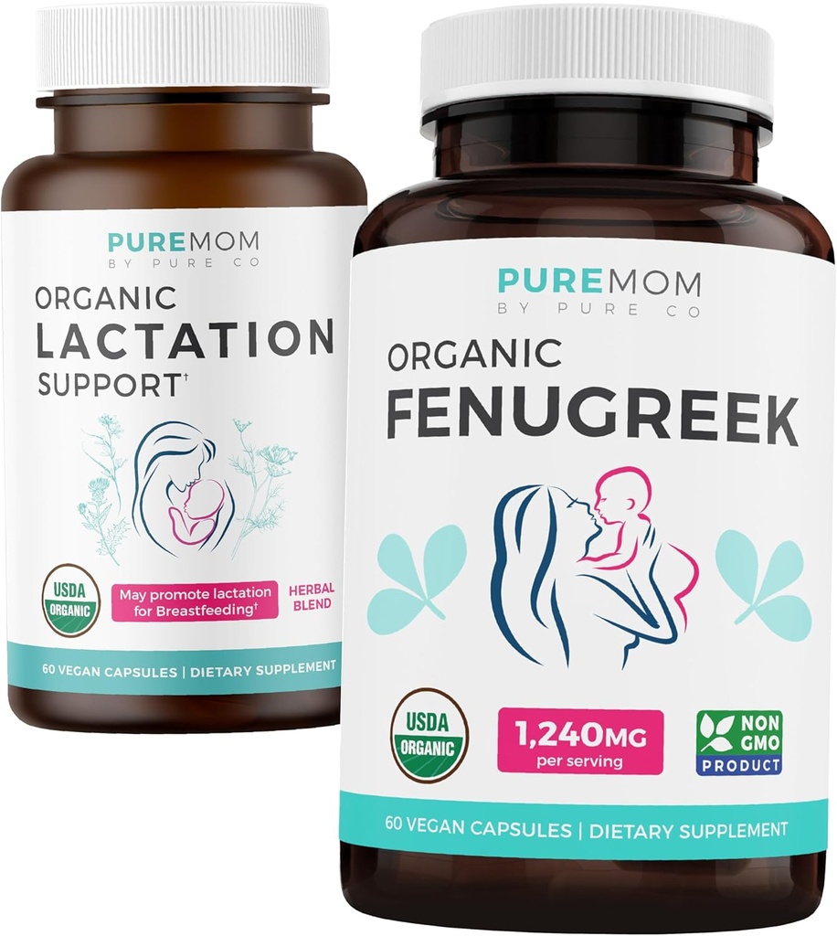 Organic Lactation Support & Organic Fenugreek (1-Month Supply) Lactation Booster Bundle of Herbal Breastfeeding Support Aid for Mothers (60 Capules) & Organic Fenugreek Breastmilk Support (60 Capules)