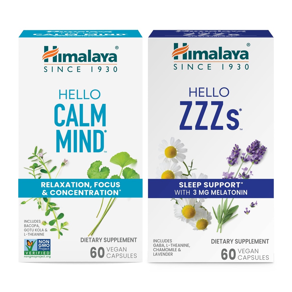Himalaya Hello Calm Mind mit Bacopa für Entspannung, Fokus und Konzentration & Hallo ZZZs mit Melatonin für Schlafunterstützung, 60 Kapseln Jeder - Bundle