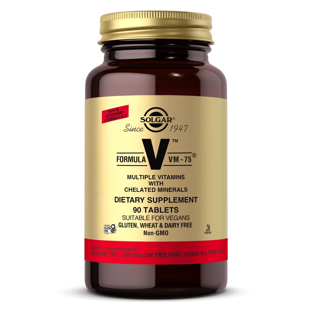 Formule de Solgar VM-75, 90 comprimés - Multivitamine avec des minéraux chélatés - Vitamine A, B6, B12, C, D, E - Biotine, Magnésium, Calcium, Fer, Zinc - Vegan, Sans gluten, Sans laiterie, Casher - 90 portions